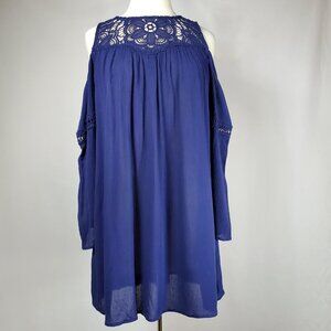 Flowy Boho Navy Blue Cold Shoulder Top With Crocheted Details and Long Sleeves